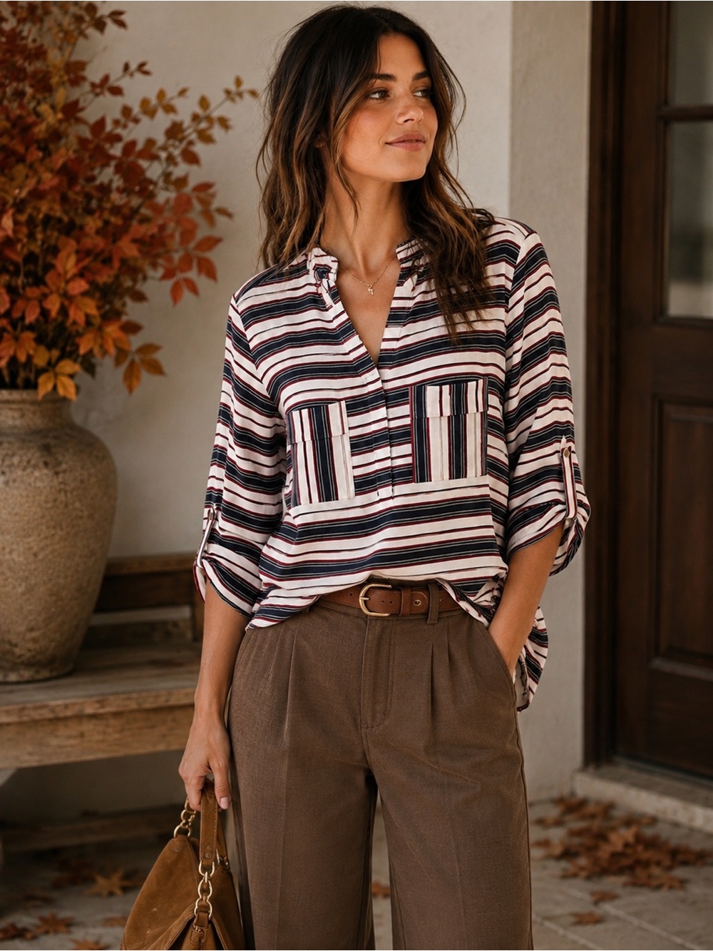 Cocomo Striped Roll-Tab Blouse | Size Medium | Side Tie Detail | Relaxed Fit